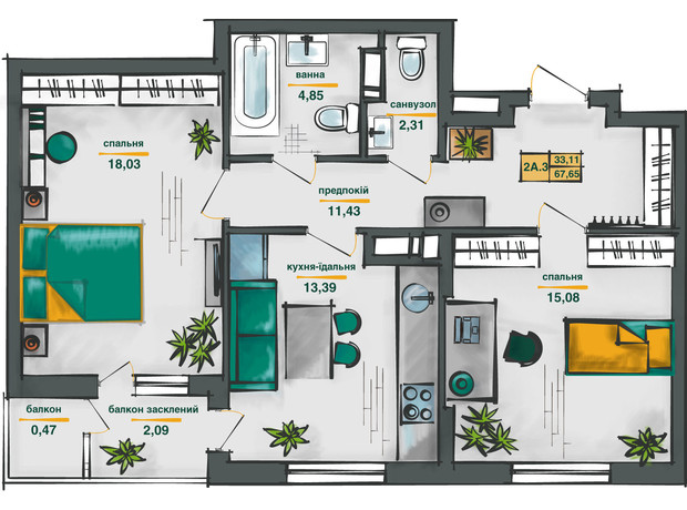 ЖК Сырецкие Сады: планировка 2-комнатной квартиры 67.65 м²