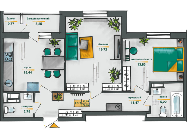 ЖК Сырецкие Сады: планировка 2-комнатной квартиры 72.45 м²