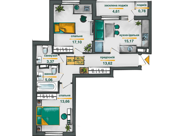 ЖК Сырецкие Сады: планировка 2-комнатной квартиры 73.37 м²