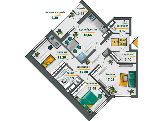 ЖК Сырецкие Сады: планировка 3-комнатной квартиры 86.03 м²