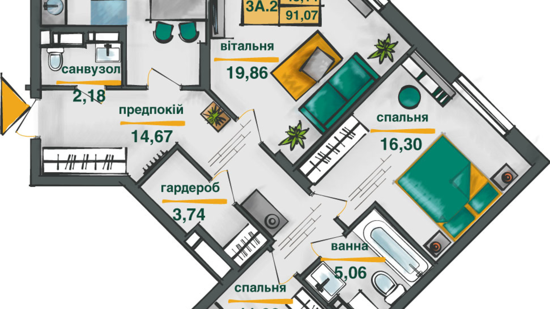 Планування 3-кімнатної квартири в ЖК Сирецькі Сади 91.07 м², фото 571535