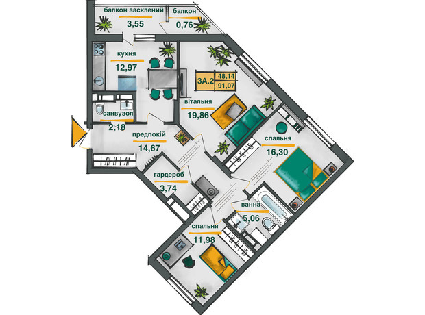 ЖК Сырецкие Сады: планировка 3-комнатной квартиры 91.07 м²