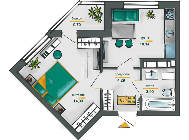 ЖК Сырецкие Сады: планировка 1-комнатной квартиры 33.06 м²