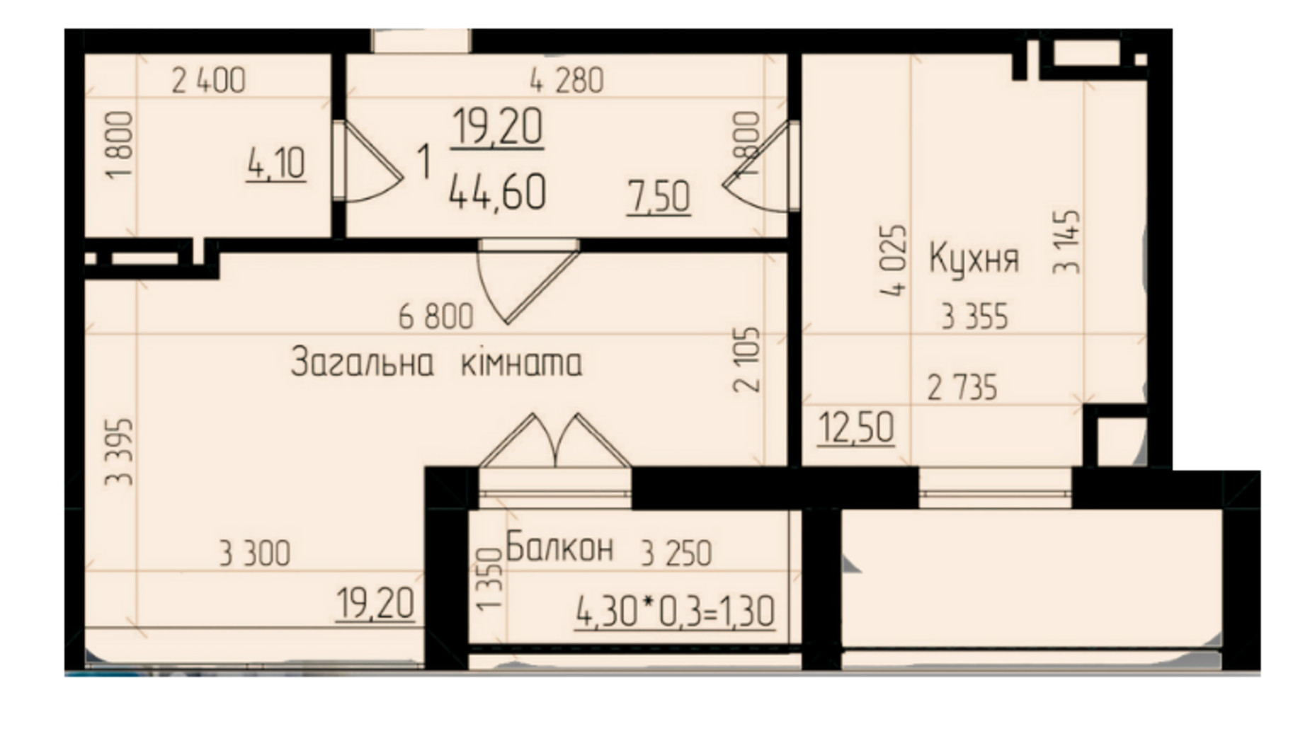 Планування 1-кімнатної квартири в ЖК Senator 45 м², фото 571678