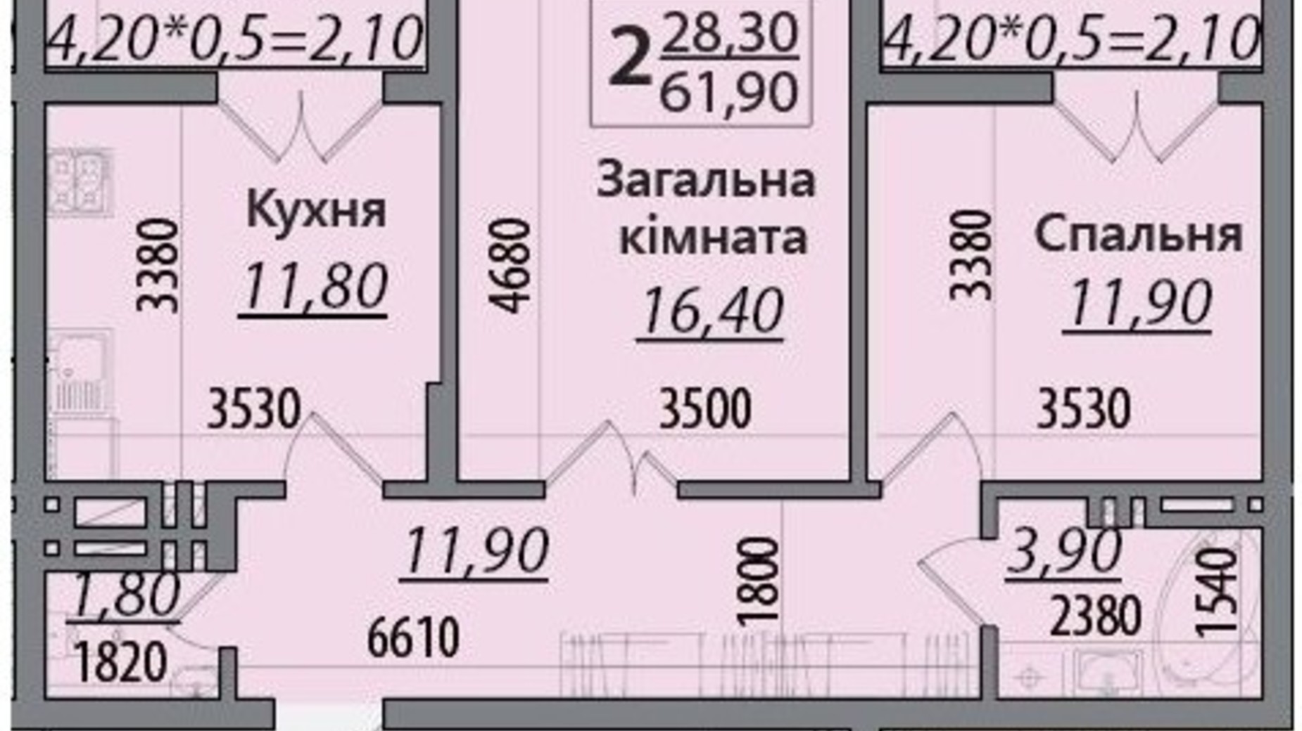 Планування 2-кімнатної квартири в ЖК Senator 61.9 м², фото 571687