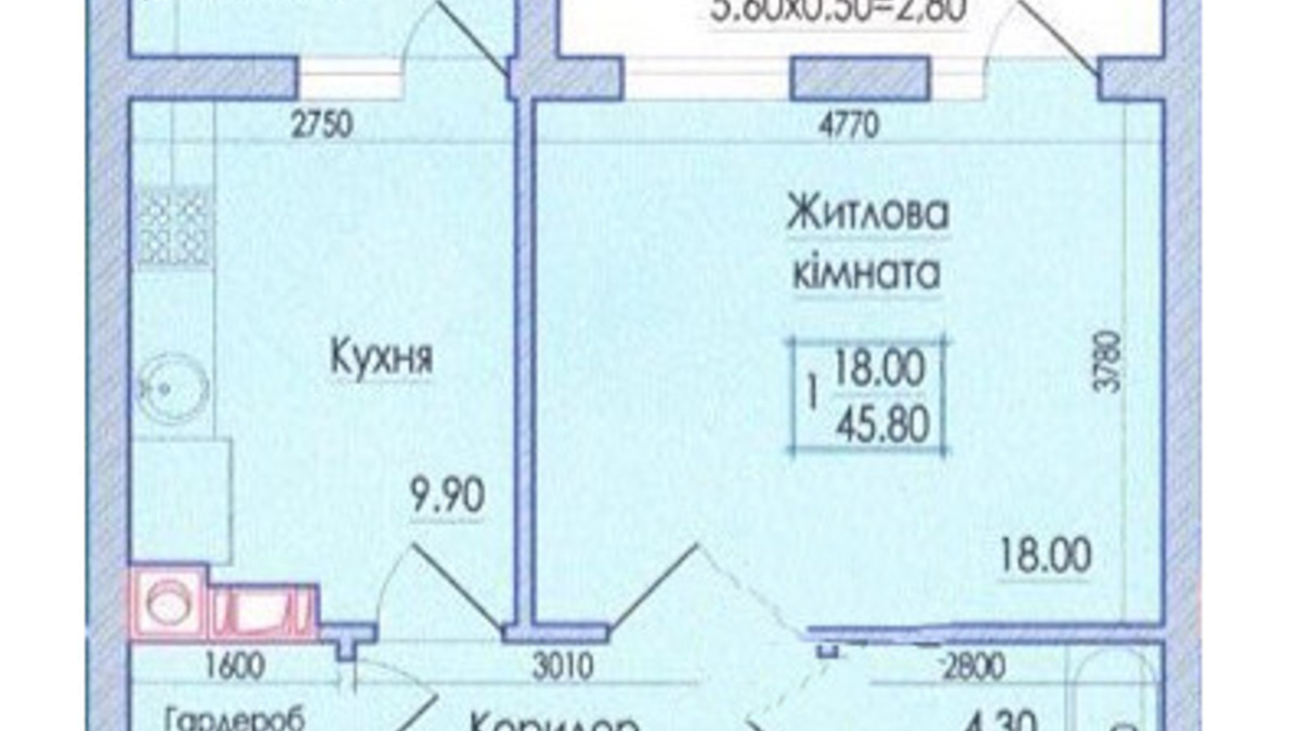 Планування 1-кімнатної квартири в ЖК Senator 45.8 м², фото 571688