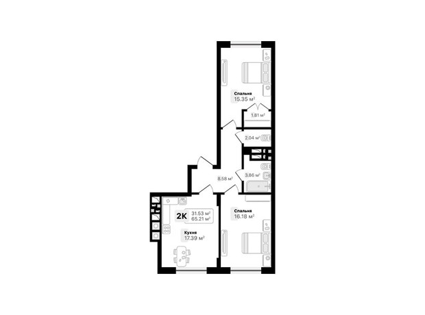 ЖК Auroom Forest: планировка 2-комнатной квартиры 62.58 м²
