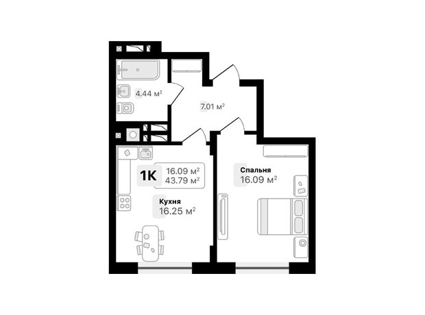 ЖК Auroom Forest: планировка 1-комнатной квартиры 43.79 м²