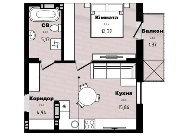 ЖК Horizon: планировка 1-комнатной квартиры 39.9 м²