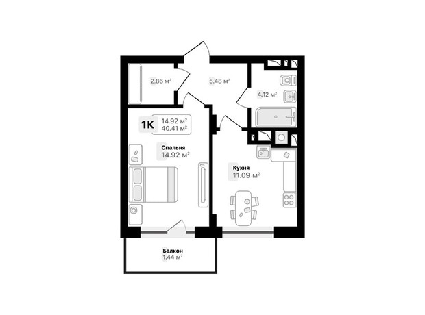 ЖК Auroom Spark: планировка 1-комнатной квартиры 40.41 м² ЖК Auroom Spark: планировка 1-комнатной квартиры 40.41 м²
