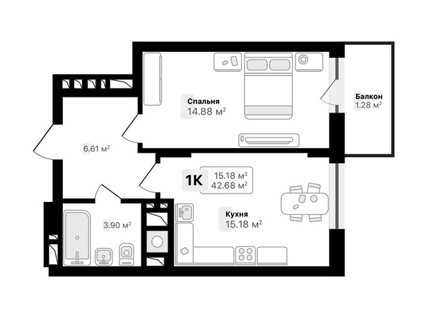 ЖК Auroom Spark: планировка 1-комнатной квартиры 42.68 м²