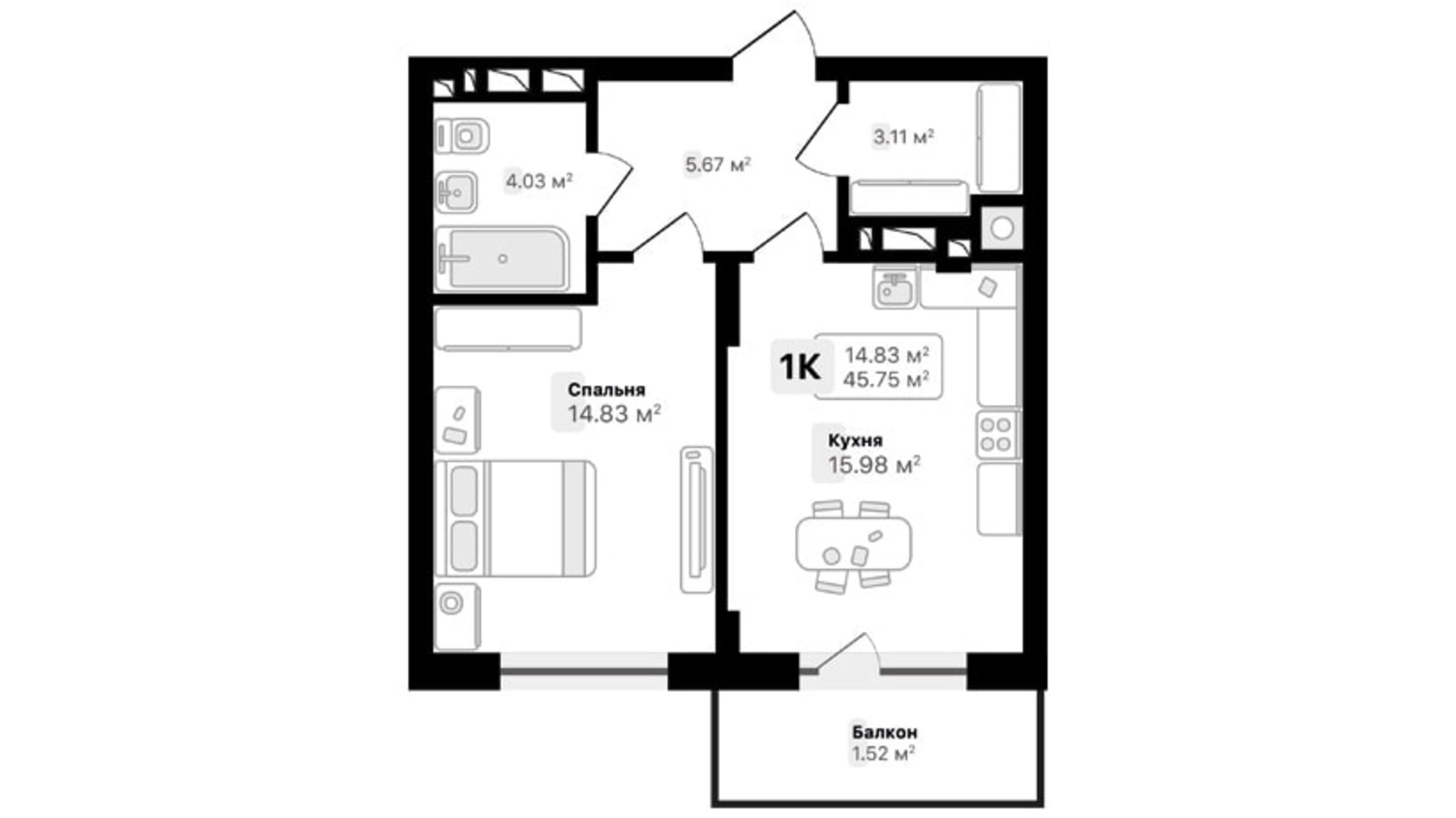 Планировка 1-комнатной квартиры в ЖК Auroom Spark 45.75 м², фото 572028