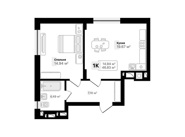 ЖК Auroom Spark: планування 1-кімнатної квартири 48.3 м²
