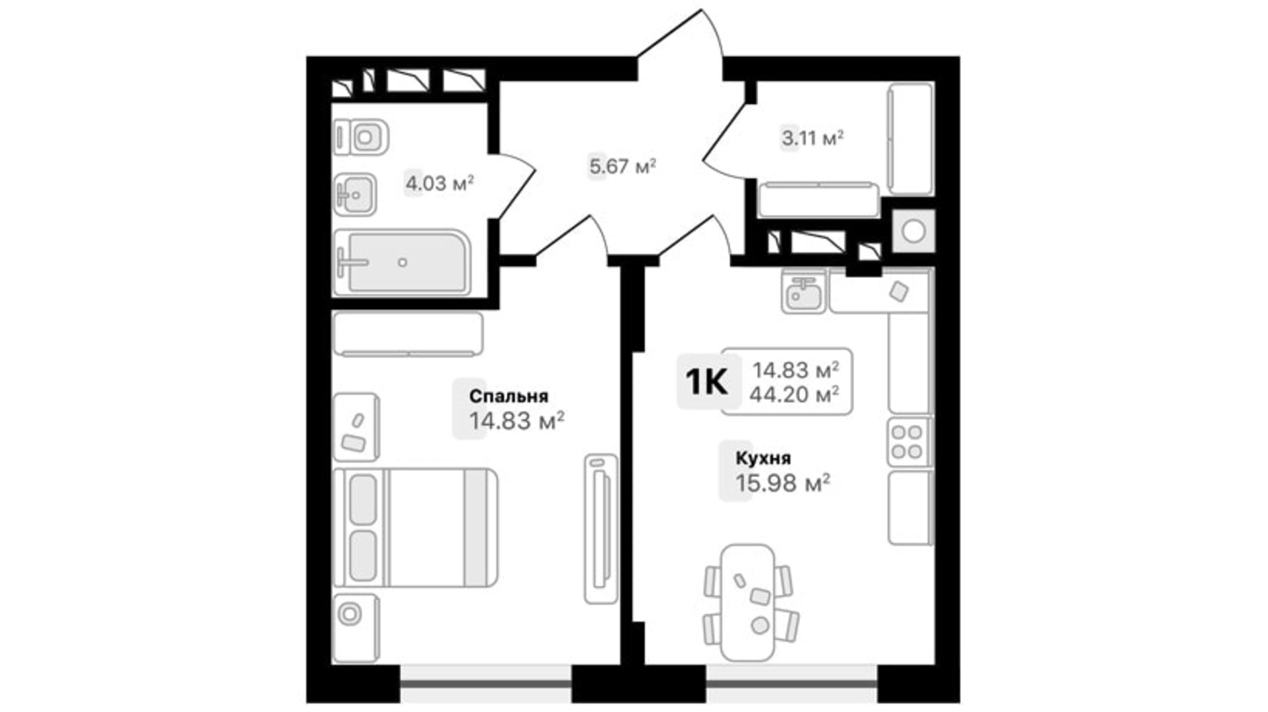 Планировка 1-комнатной квартиры в ЖК Auroom Spark 44.2 м², фото 572031