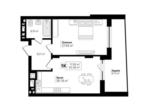 ЖК Auroom Spark: планировка 1-комнатной квартиры 52.36 м²