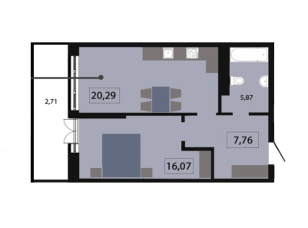 ЖК Five Address: планировка 1-комнатной квартиры 52.45 м²