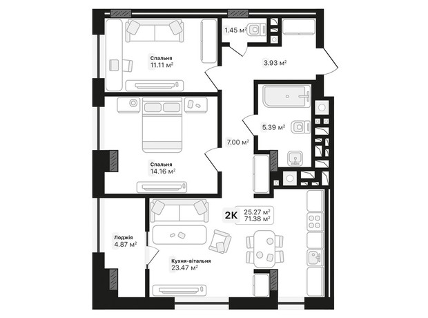 ЖК Auroom Lviving: планировка 2-комнатной квартиры 61.21 м²