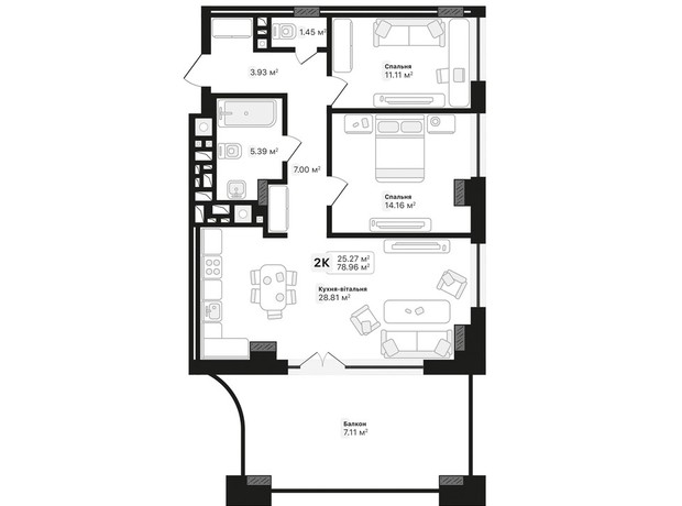 ЖК Auroom Lviving: планировка 2-комнатной квартиры 71.38 м²