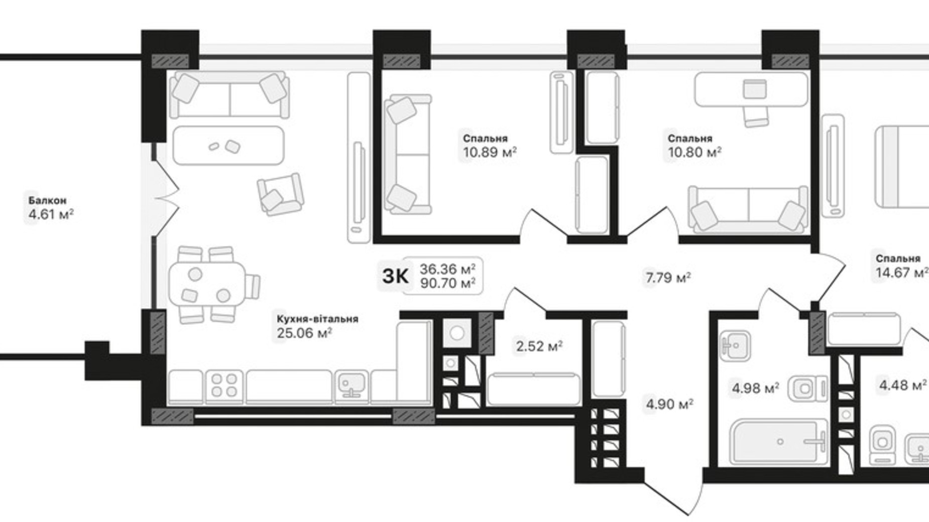 Планування 2-кімнатної квартири в ЖК Auroom Lviving 90.7 м², фото 572130