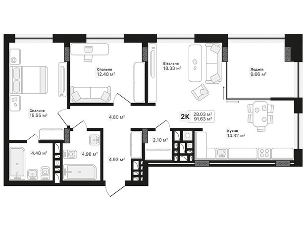 ЖК Auroom Lviving: планування 2-кімнатної квартири 61.21 м²