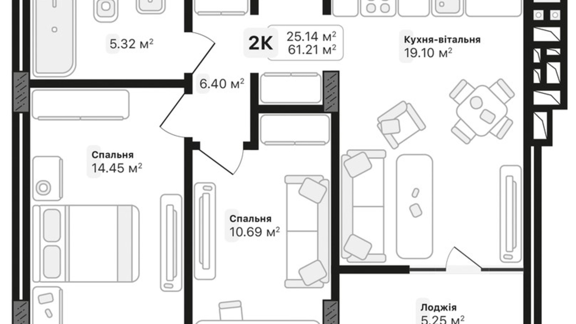 Планировка 2-комнатной квартиры в ЖК Auroom Lviving 61.21 м², фото 572134