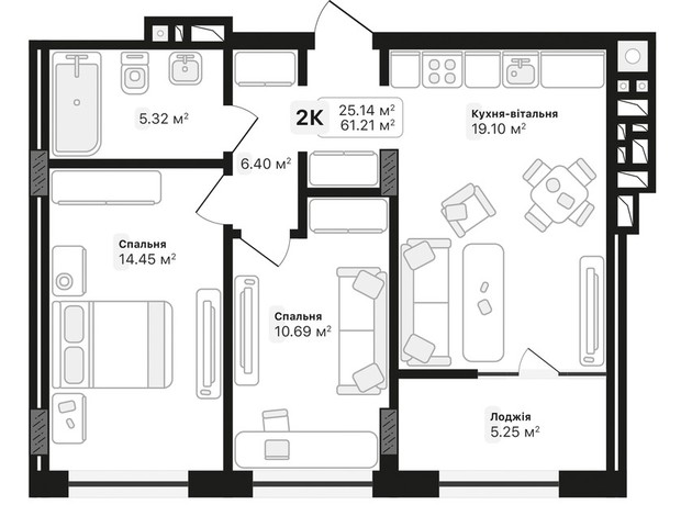 ЖК Auroom Lviving: планування 2-кімнатної квартири 61.21 м²