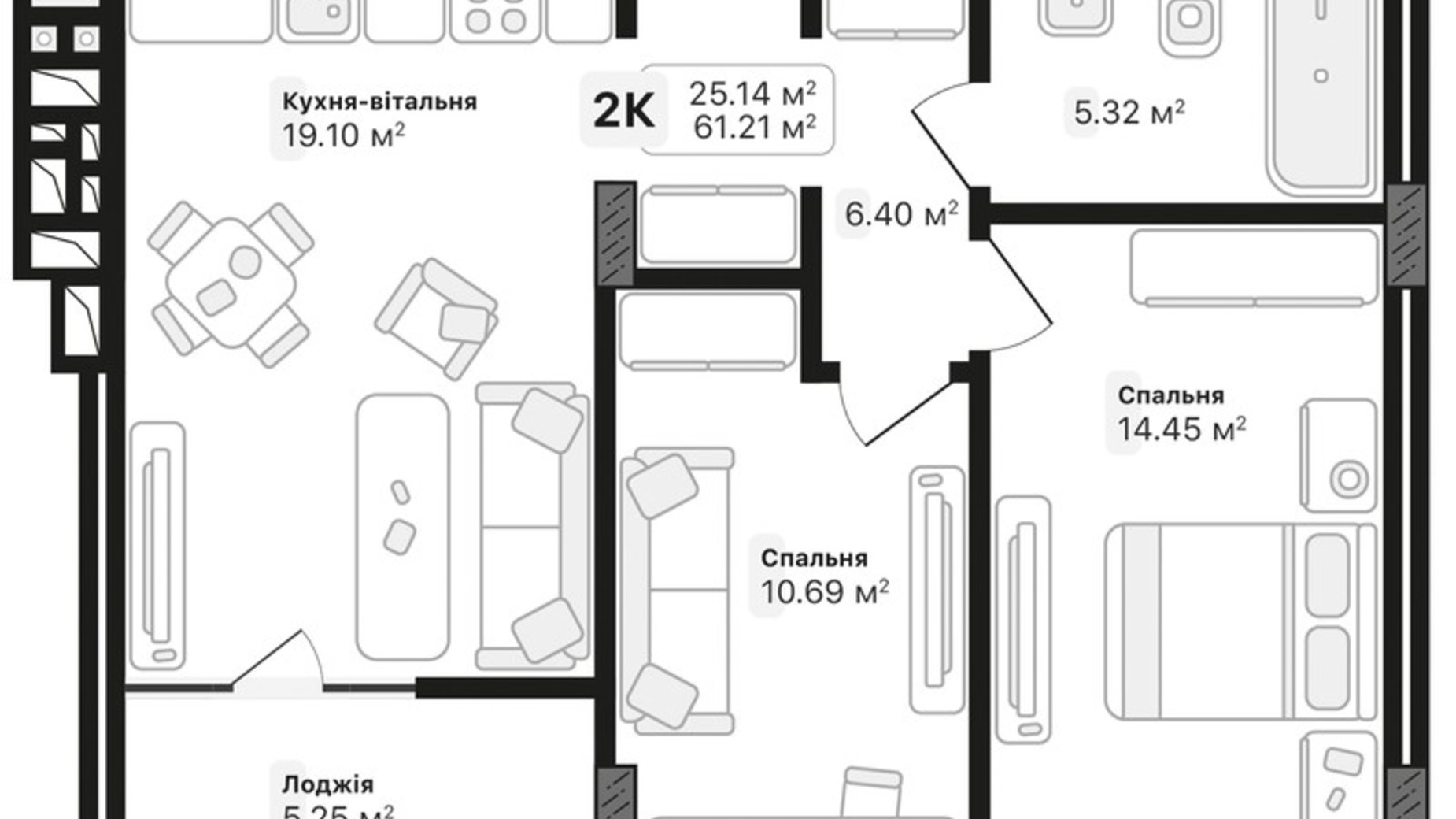 Планування 2-кімнатної квартири в ЖК Auroom Lviving 61.21 м², фото 572142