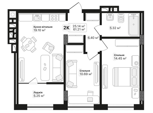 ЖК Auroom Lviving: планировка 2-комнатной квартиры 61.21 м²