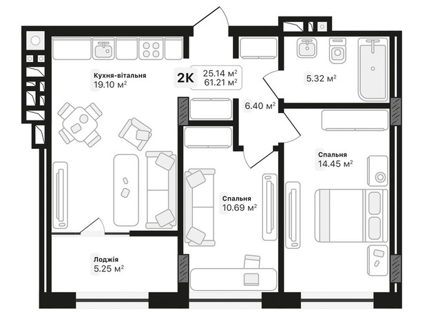 ЖК Auroom Lviving: планування 2-кімнатної квартири 61.21 м² ЖК Auroom Lviving: планування 2-кімнатної квартири 61.21 м²