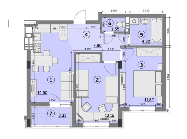 ЖК Ідея: планування 2-кімнатної квартири 56.46 м²