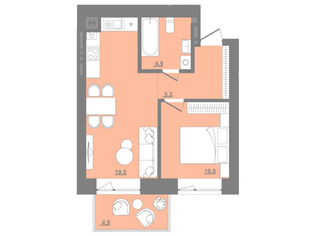 ЖК Садова Алея: планування 1-кімнатної квартири 41.16 м²