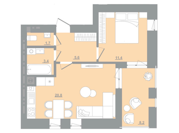 ЖК Садова Алея: планування 1-кімнатної квартири 45.33 м²