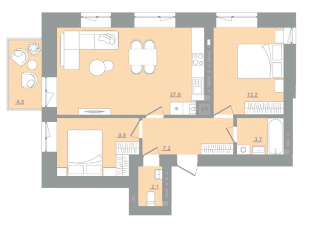ЖК Садова Алея: планування 2-кімнатної квартири 65.15 м²
