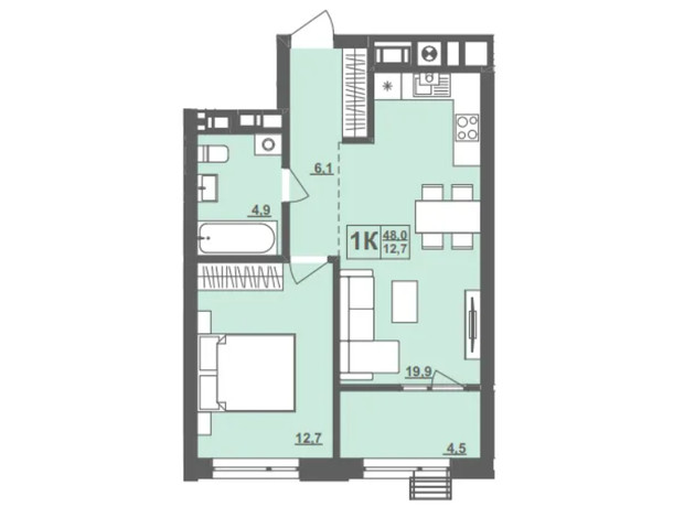 ЖК Грушевський: планування 1-кімнатної квартири 48 м²