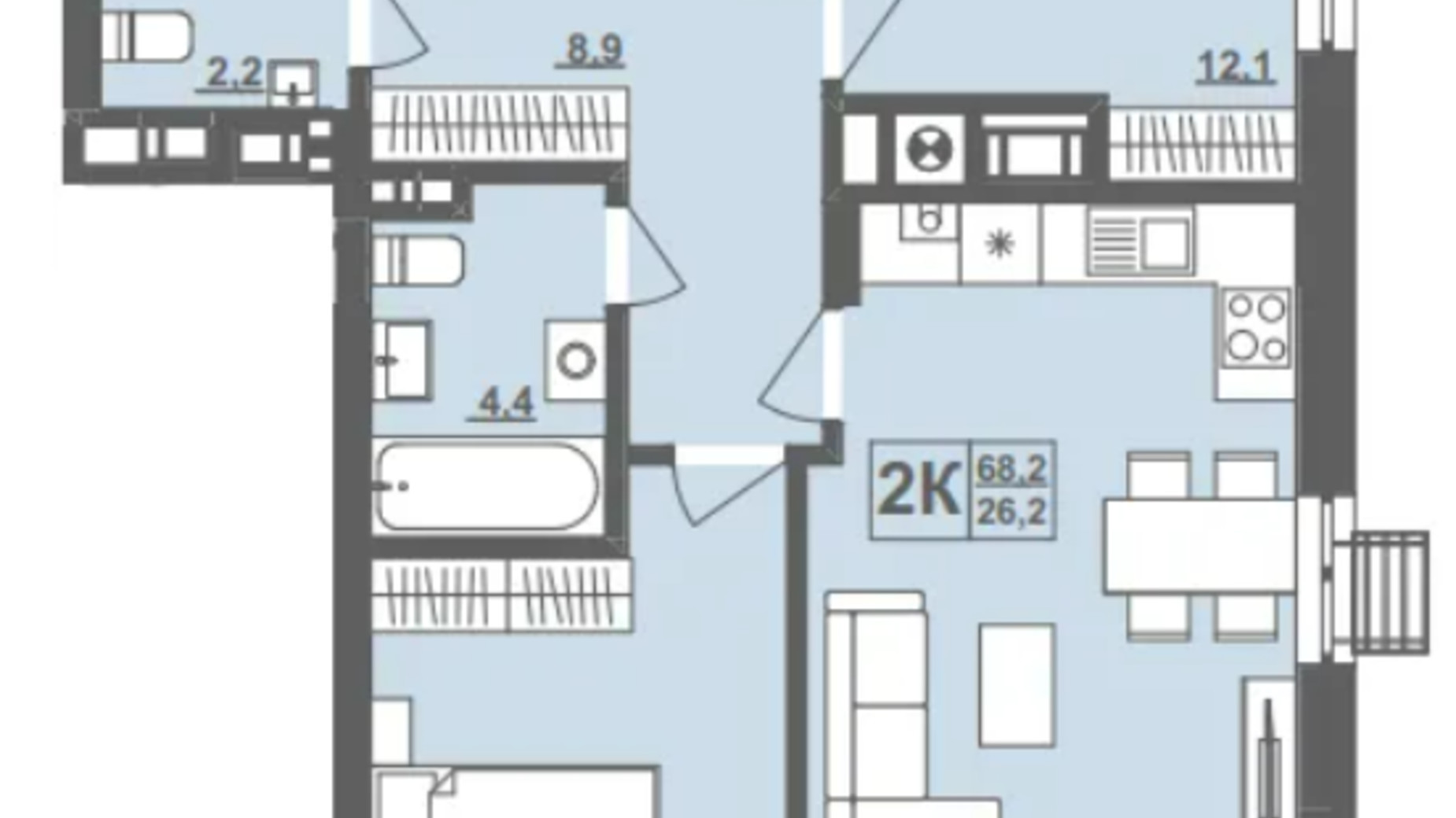 Планировка 2-комнатной квартиры в ЖК Грушевский 68.2 м², фото 572487