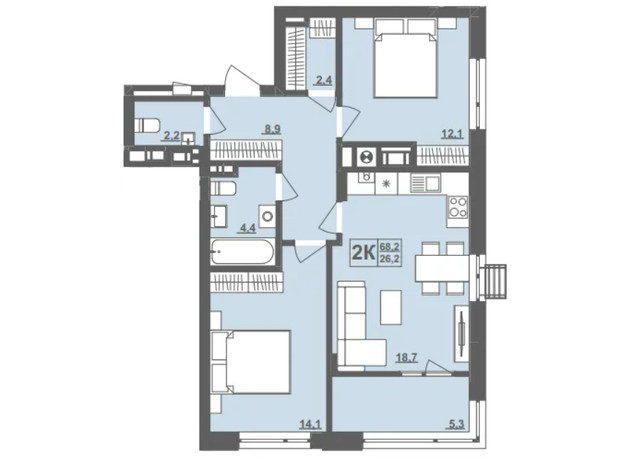 ЖК Грушевский: планировка 2-комнатной квартиры 68.2 м²