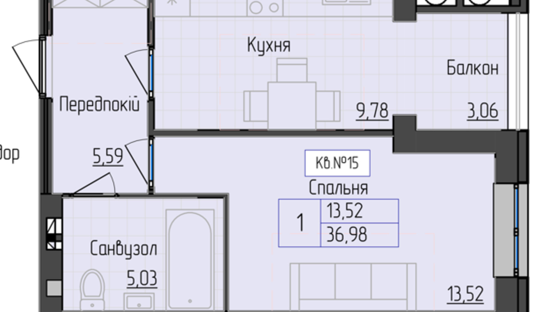 Планировка 1-комнатной квартиры в ЖК 9 район 36.98 м², фото 572521