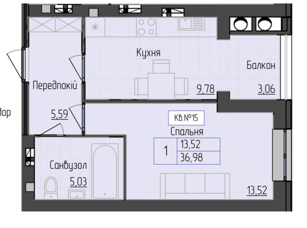 ЖК 9 район: планировка 1-комнатной квартиры 36.98 м²