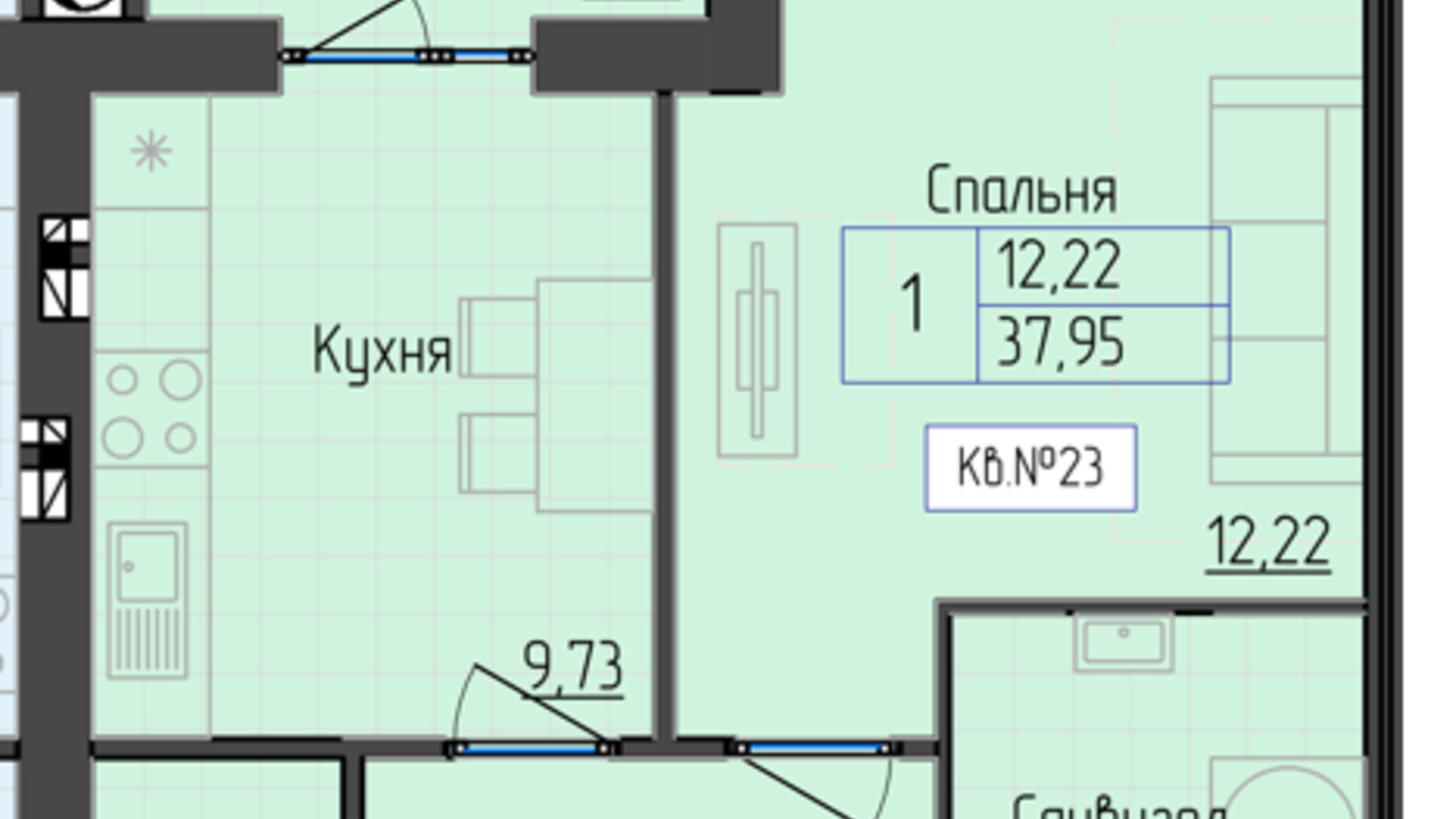 Планировка 1-комнатной квартиры в ЖК 9 район 37.95 м², фото 572522