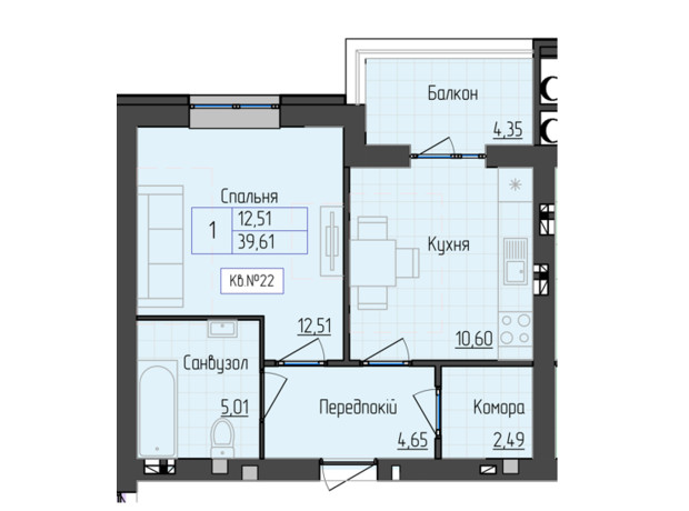 ЖК 9 район: планування 1-кімнатної квартири 39.61 м²