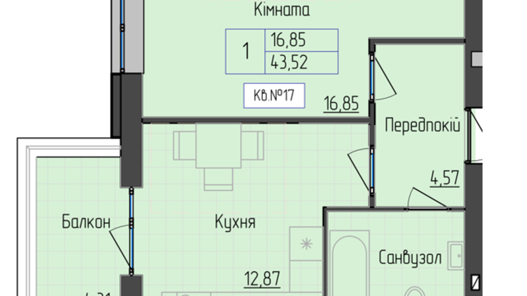 Планировка 1-комнатной квартиры в ЖК 9 район 43.52 м², фото 572525