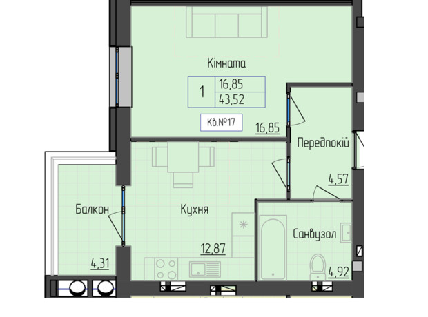 ЖК 9 район: планировка 1-комнатной квартиры 43.52 м²