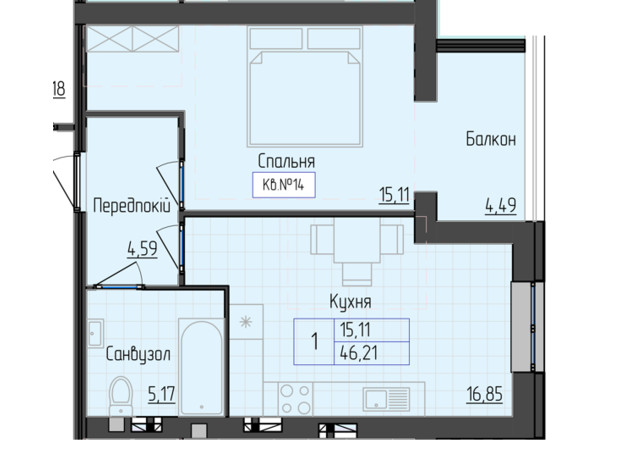 ЖК 9 район: планування 1-кімнатної квартири 46.21 м²