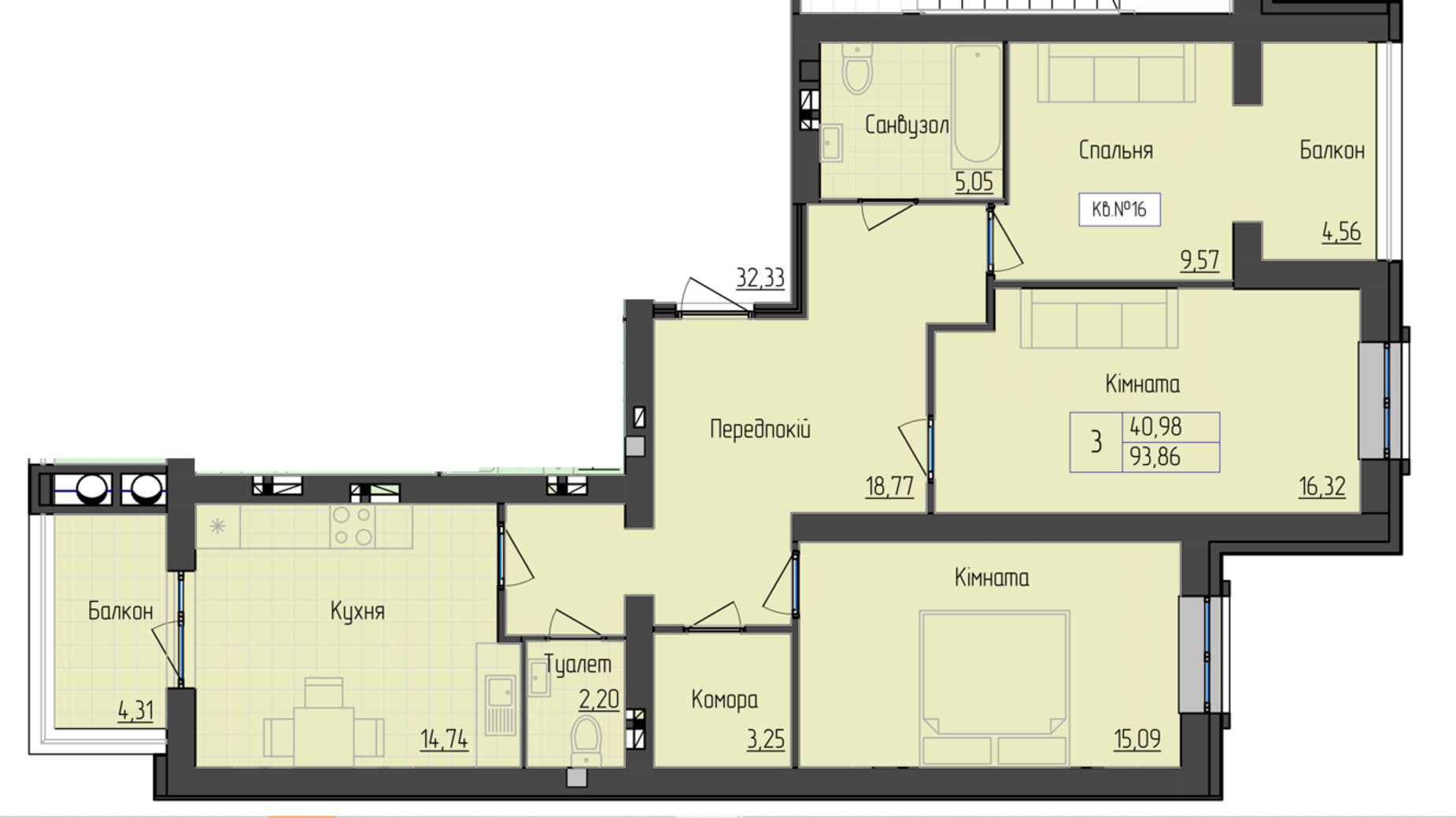 Планування 3-кімнатної квартири в ЖК 9 район 93.86 м², фото 572532