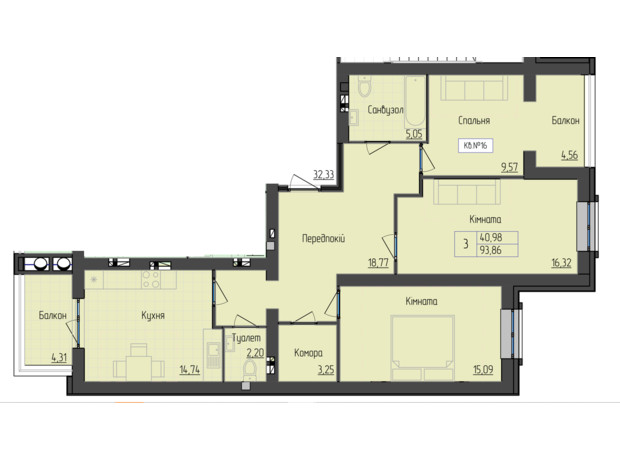 ЖК 9 район: планировка 3-комнатной квартиры 93.86 м²
