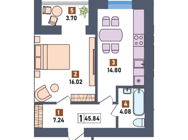 ЖК Первый квартал: планировка 1-комнатной квартиры 45.84 м²