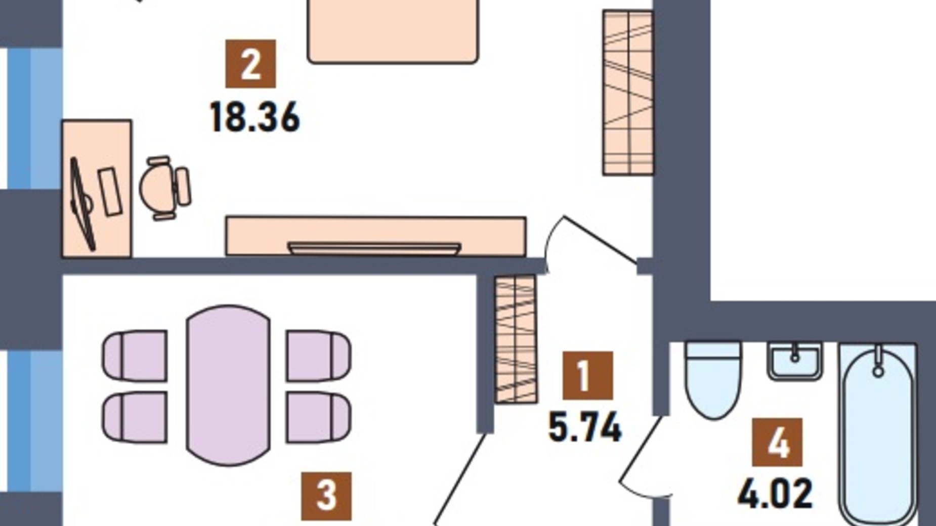 Планування 1-кімнатної квартири в ЖК Перший квартал 42.88 м², фото 572553