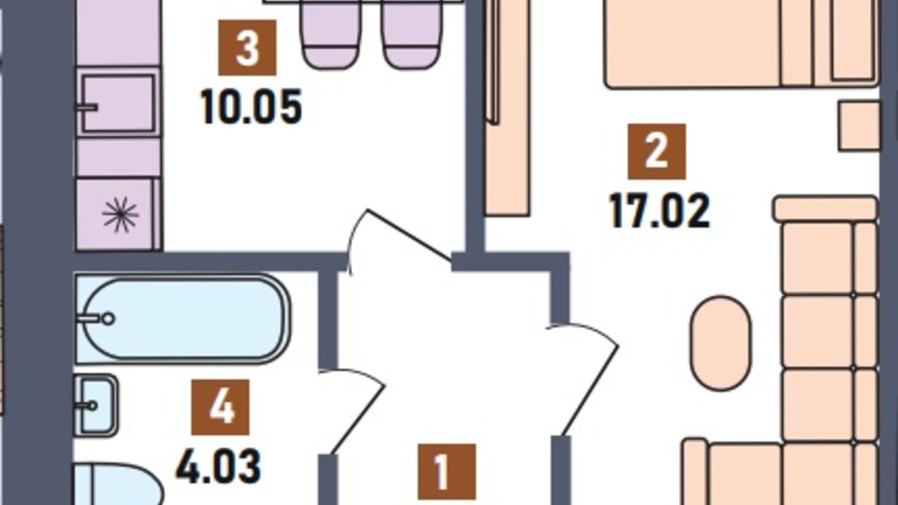 Планування 1-кімнатної квартири в ЖК Перший квартал 44.47 м², фото 572554