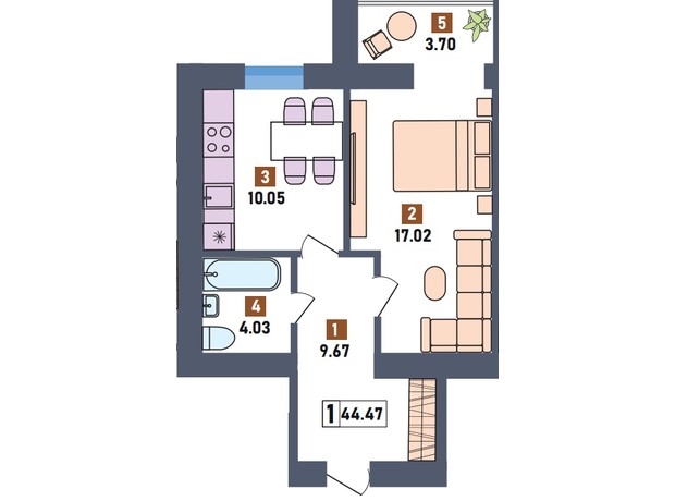 ЖК Первый квартал: планировка 1-комнатной квартиры 44.47 м²