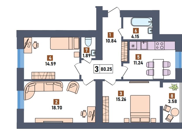 ЖК Первый квартал: планировка 3-комнатной квартиры 80.25 м²